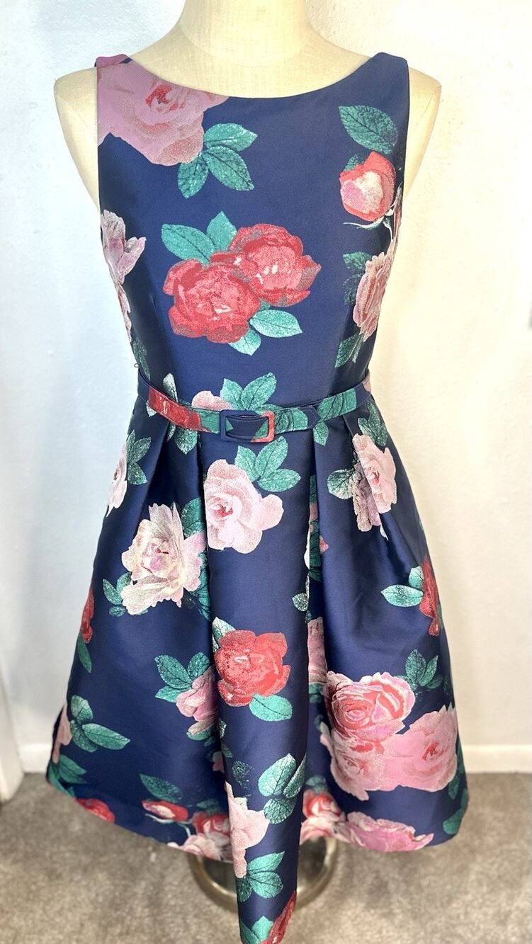 Eliza J Dress Navy Floral Cocktail Dress SZ 8 Fit & Flare Pleated Belted Skirt